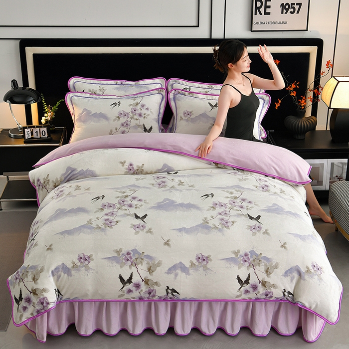 诺梵家纺 2025新款8斤加厚保暖金貂绒牛奶绒印花四件套燕归来-紫