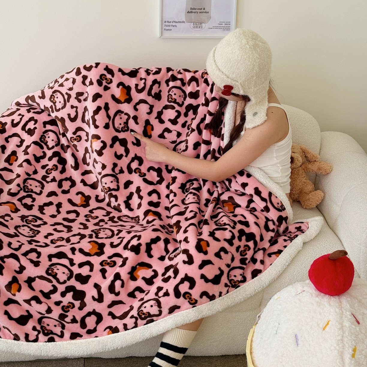 91家纺网 家纺一手货源 找家纺 顾里家纺 2025新款Chic韩系少女牛奶羊羔绒毯-豹纹系 粉豹纹