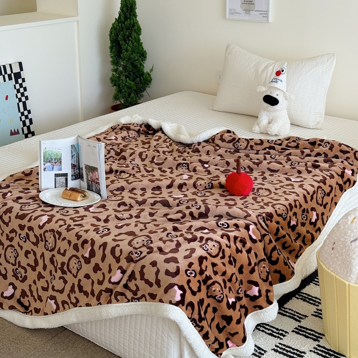 91家纺网 家纺一手货源 找家纺 顾里家纺 2025新款Chic韩系少女牛奶羊羔绒毯-豹纹系 咖豹纹