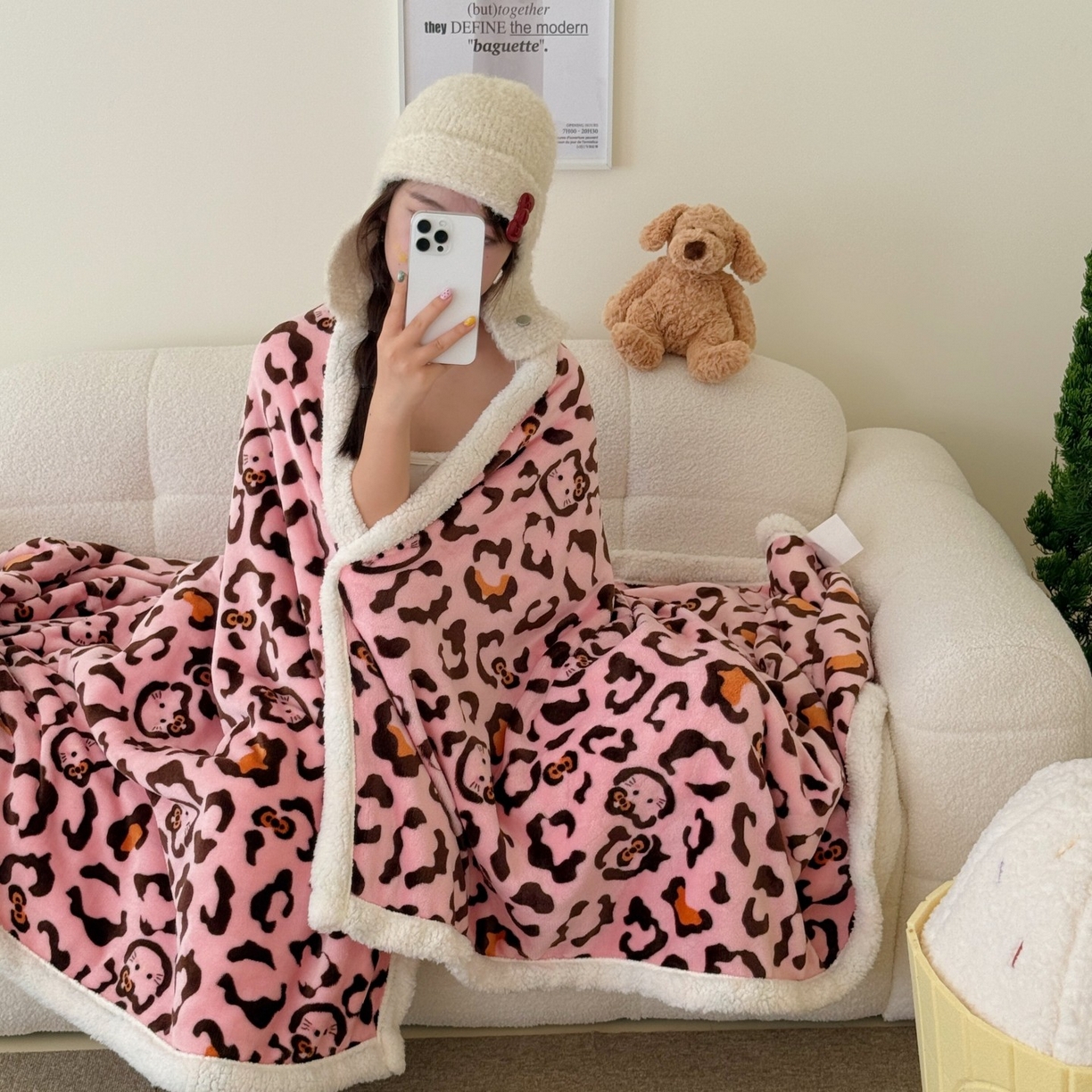 91家纺网 家纺一手货源 找家纺 顾里家纺 2025新款Chic韩系少女牛奶羊羔绒毯-豹纹系 粉豹纹