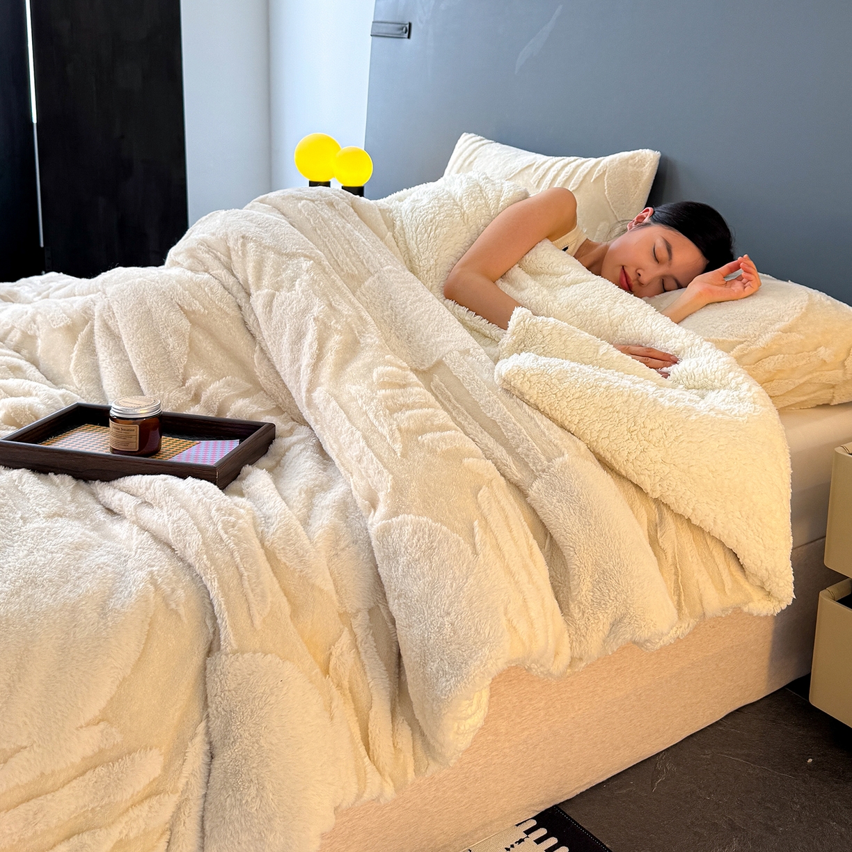 91家纺网 家纺一手货源 找家纺 （总）枋梢家纺 2025新款亮丝兔毛绒兔毛提花北欧几何羊羔绒 双层加厚保暖盖毯 居家午睡保暖毯