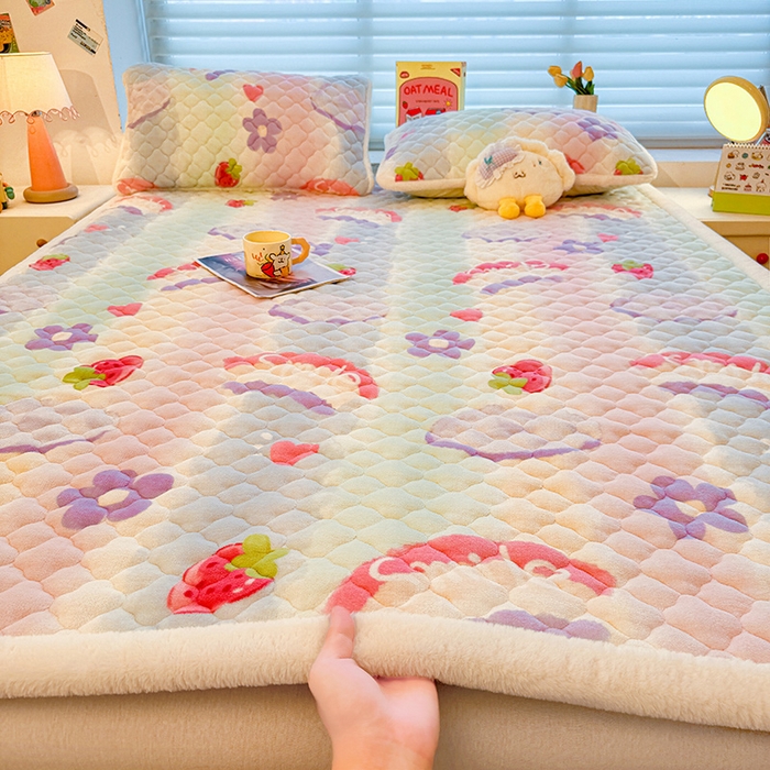 喜居 2025新款高克重印花牛奶絨夾棉床褥床墊子褥子床護墊 彩虹草莓