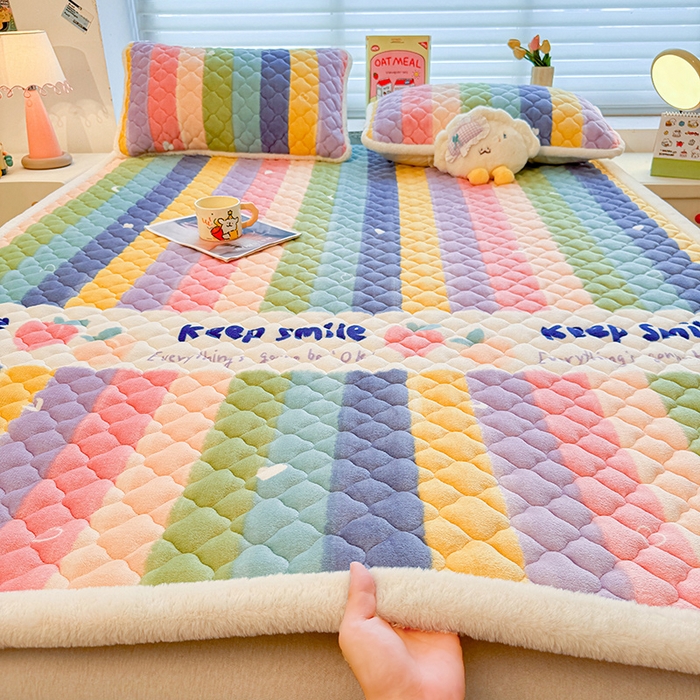 喜居 2025新款高克重印花牛奶絨夾棉床褥床墊子褥子床護墊 彩虹桃子