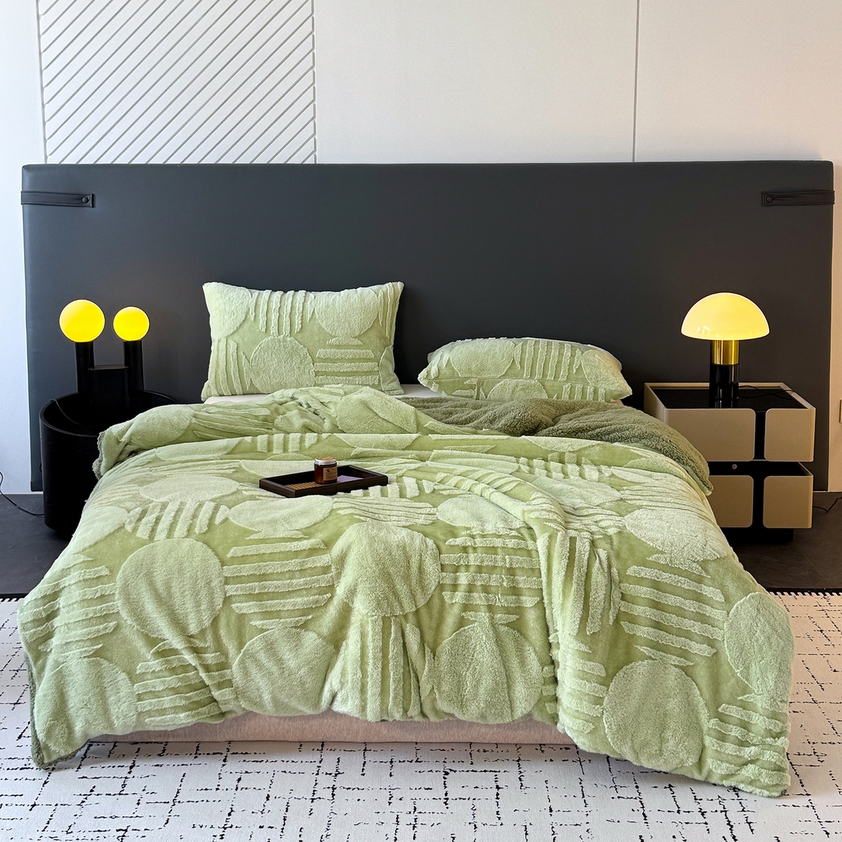 91家纺网 家纺一手货源 找家纺 枋梢家纺 2025新款亮丝兔毛绒兔毛提花北欧几何羊羔绒 双层加厚保暖盖毯 居家午睡保暖毯 几何-绿色