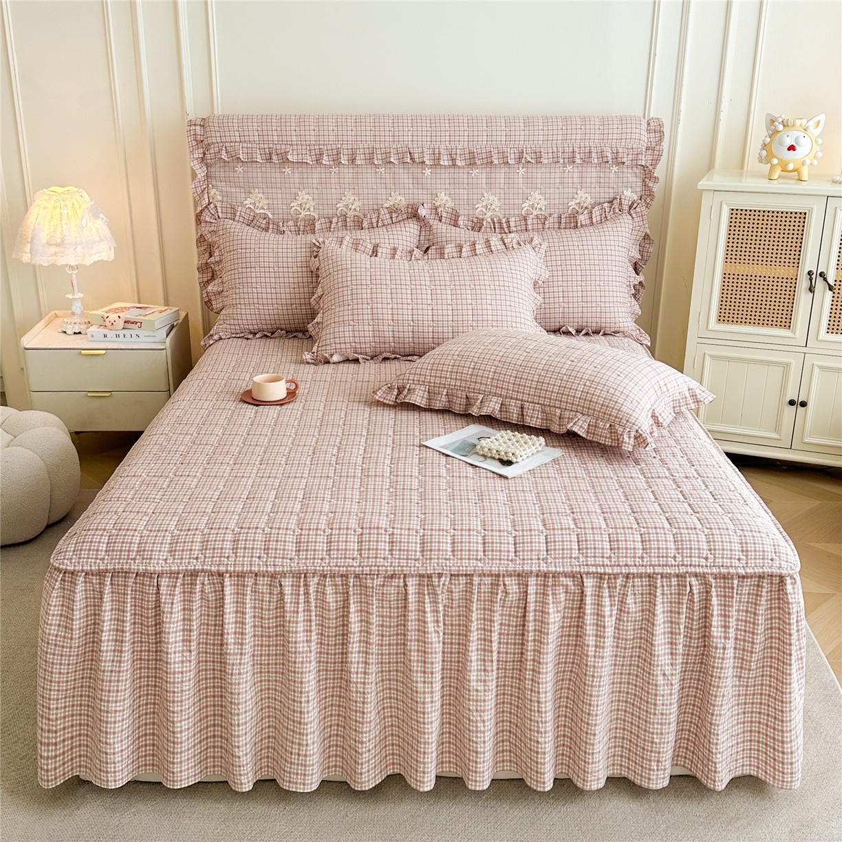 十个点家纺 2025新款加厚磨毛木棉床裙三件套-格小格系列 格小格-粉
