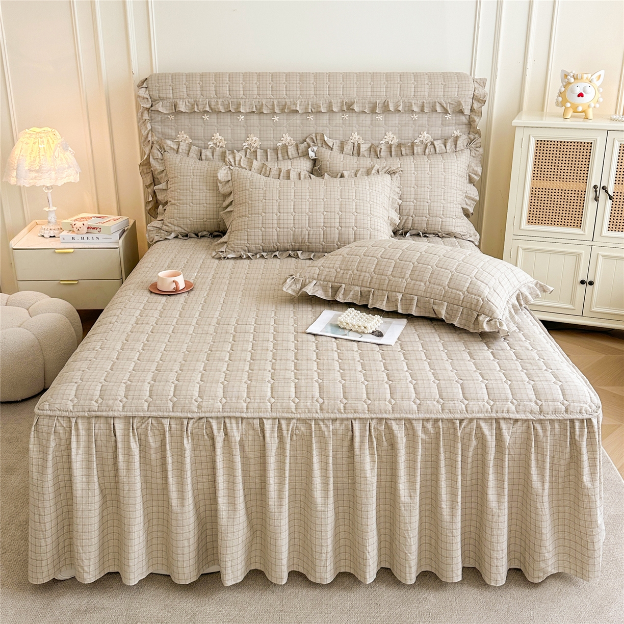 十个点家纺 2025新款加厚磨毛木棉床裙三件套-格小格系列 格小格-金驼