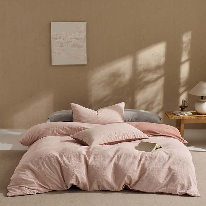 LADYCOCO可可家居 2025新款针织+梭织夹棉四件套-滚绳款 泡泡纱 条纹粉色