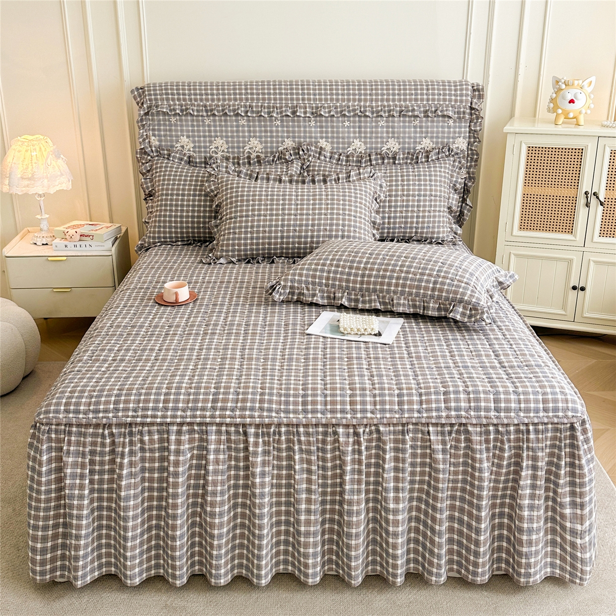 十个点家纺 2025新款加厚磨毛木棉床裙三件套-格小格系列 格小格-咖