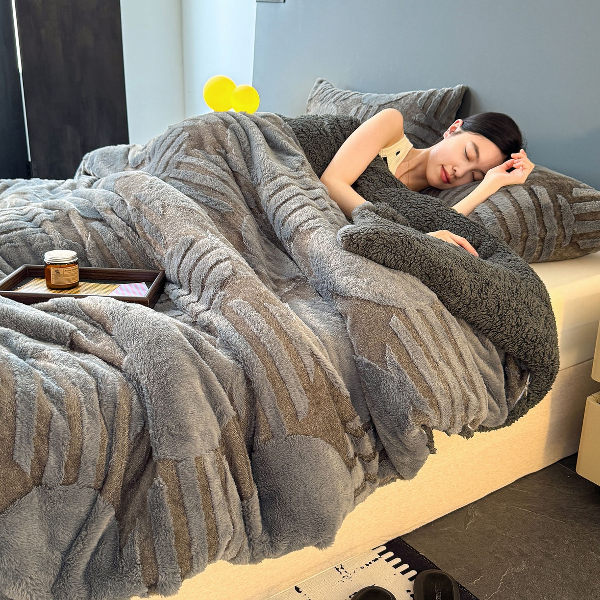 枋梢家纺 2025新款亮丝兔毛绒兔毛提花北欧几何羊羔绒 双层加厚保暖盖毯 居家午睡保暖毯 几何-深灰