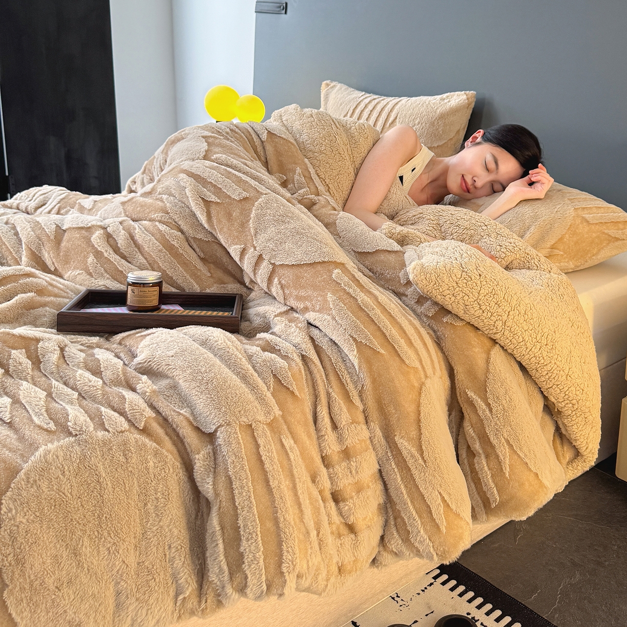 枋梢家纺 2025新款亮丝兔毛绒兔毛提花北欧几何羊羔绒 双层加厚保暖盖毯 居家午睡保暖毯 几何-驼色