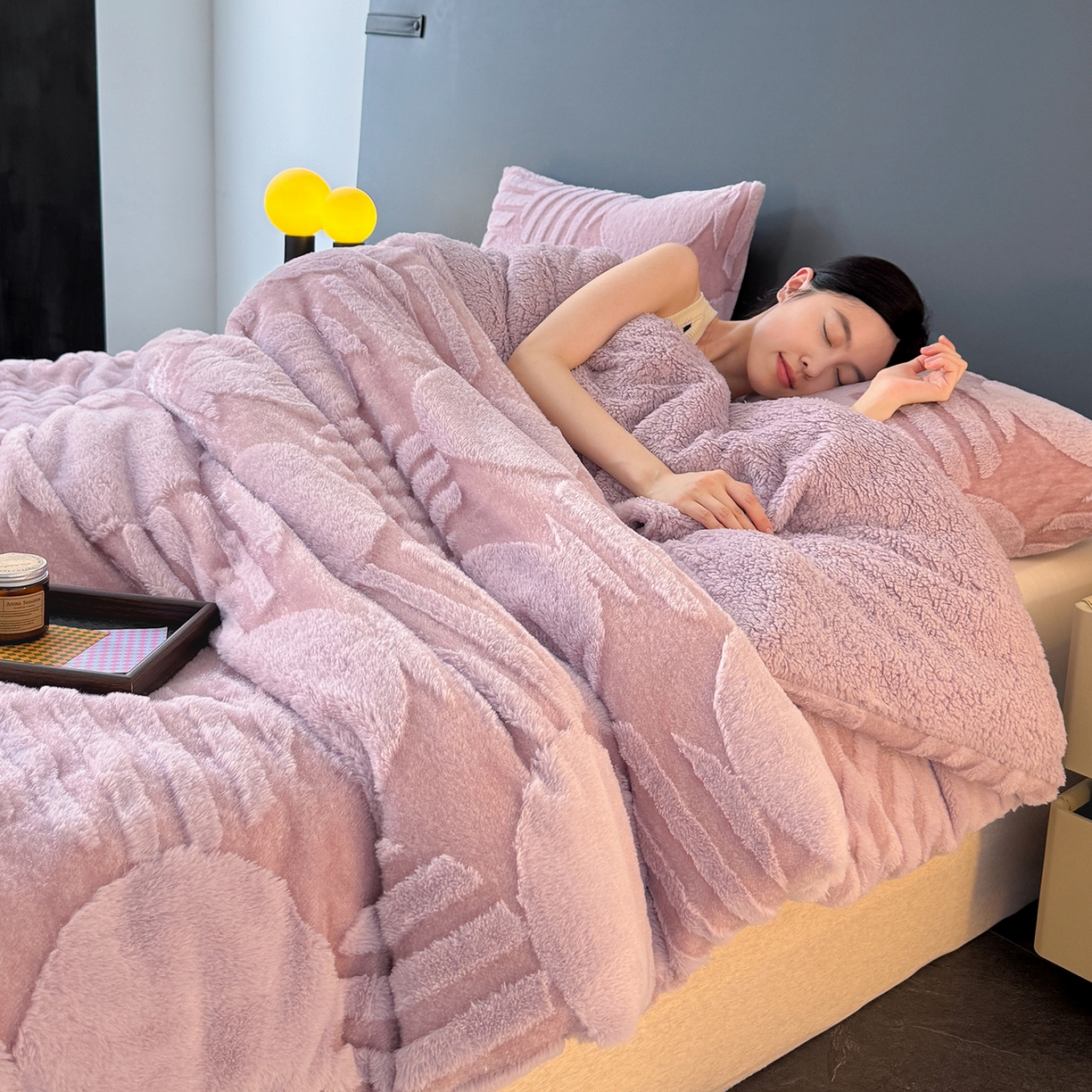 枋梢家纺 2025新款亮丝兔毛绒兔毛提花北欧几何羊羔绒 双层加厚保暖盖毯 居家午睡保暖毯 几何-紫色