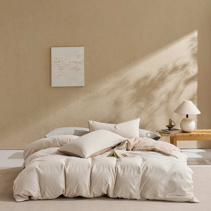 LADYCOCO可可家居 2025新款针织+梭织夹棉四件套-滚绳款 星羽皱 格子米色