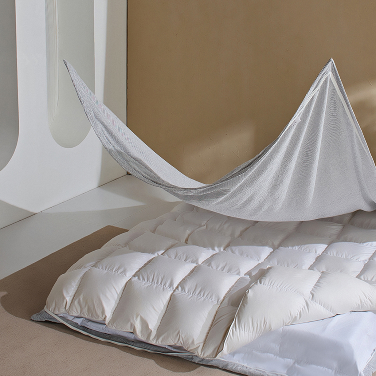 LADYCOCO可可家居 2025新款三开口针织+梭织 夹棉四件套 优易套/U易套 三开口被套，唯一专利发明单位，全球专利布局 泡泡纱 条纹灰色