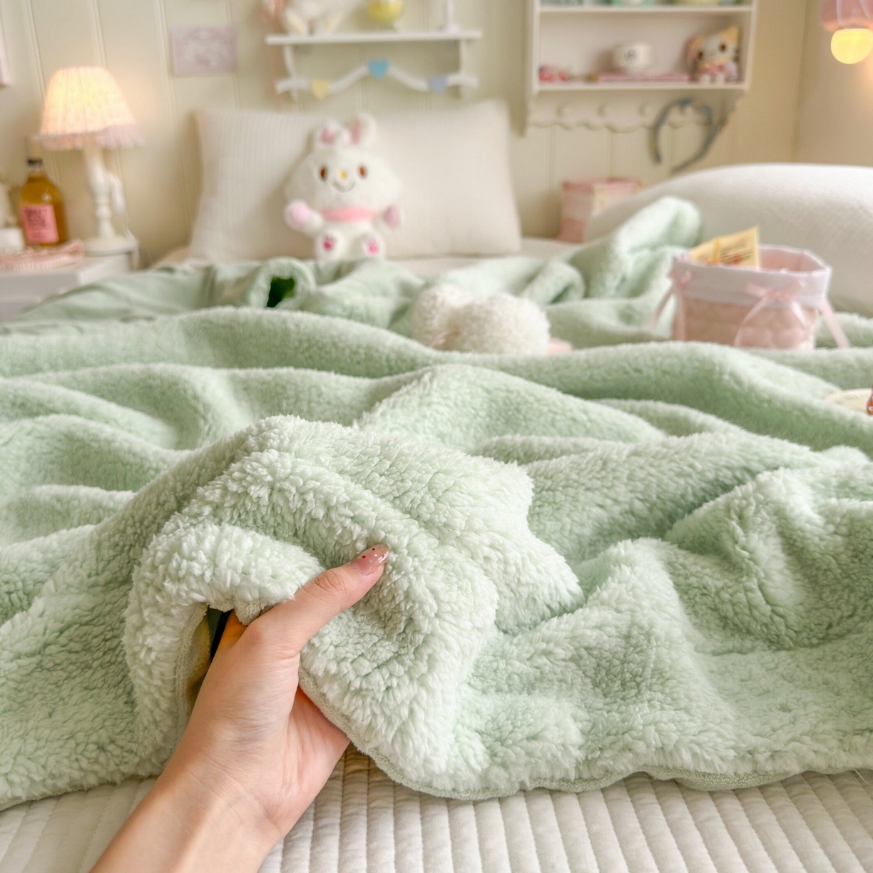 91家纺网 家纺一手货源 找家纺 顾里家纺 2025新款韩系糯叽叽纯色羊羔绒毯毛毯毯子 薄荷绿