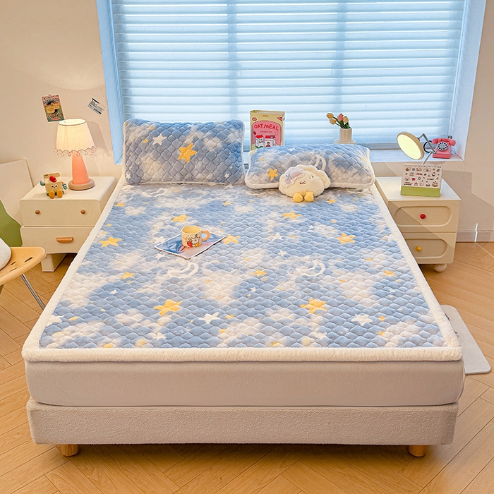 91家纺网 家纺一手货源 找家纺 喜居 2025新款高克重印花牛奶绒夹棉床褥床垫子褥子床护垫 星空