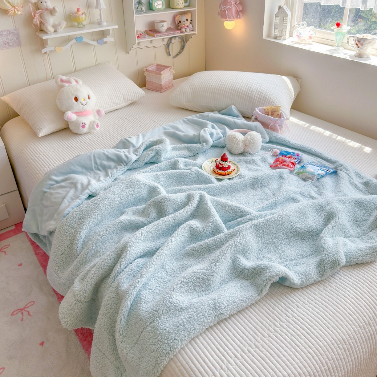 91家纺网 家纺一手货源 找家纺 顾里家纺 2025新款韩系糯叽叽纯色羊羔绒毯毛毯毯子 冰椰蓝