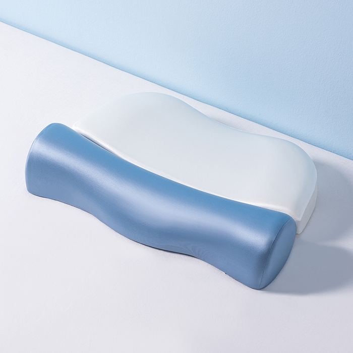 91家纺网 家纺一手货源 找家纺 小米枕芯 2025新款二合一组合记忆棉枕护颈分段牵引枕三色 蓝加白