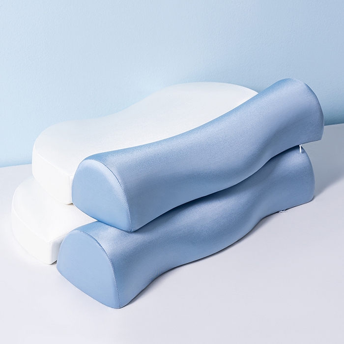 91家纺网 家纺一手货源 找家纺 小米枕芯 2025新款二合一组合记忆棉枕护颈分段牵引枕三色 蓝加白