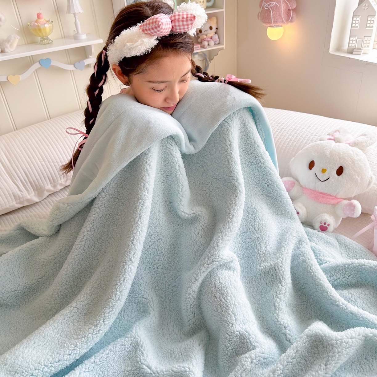 91家纺网 家纺一手货源 找家纺 顾里家纺 2025新款韩系糯叽叽纯色羊羔绒毯毛毯毯子 冰椰蓝