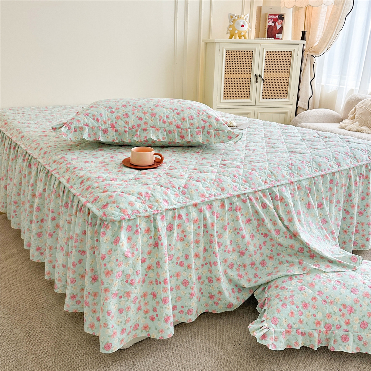 91家纺网 家纺一手货源 找家纺 十个点家纺 2025新款加厚磨毛木棉床裙三件套-绫罗系列 海棠花