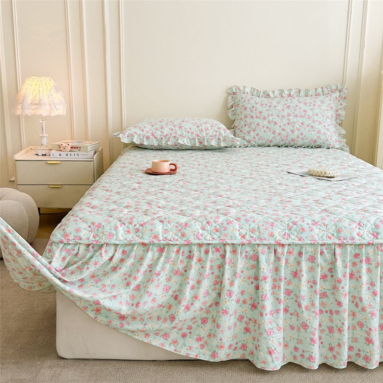 91家纺网 家纺一手货源 找家纺 十个点家纺 2025新款加厚磨毛木棉床裙三件套-绫罗系列 海棠花