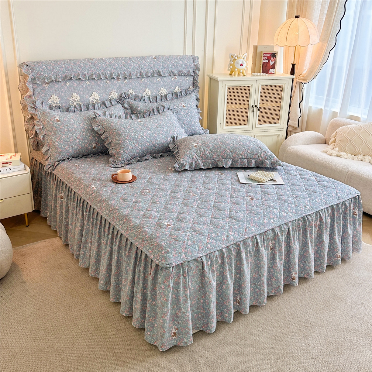 91家纺网 家纺一手货源 找家纺 十个点家纺 2025新款加厚磨毛木棉床裙三件套-绫罗系列 米兰