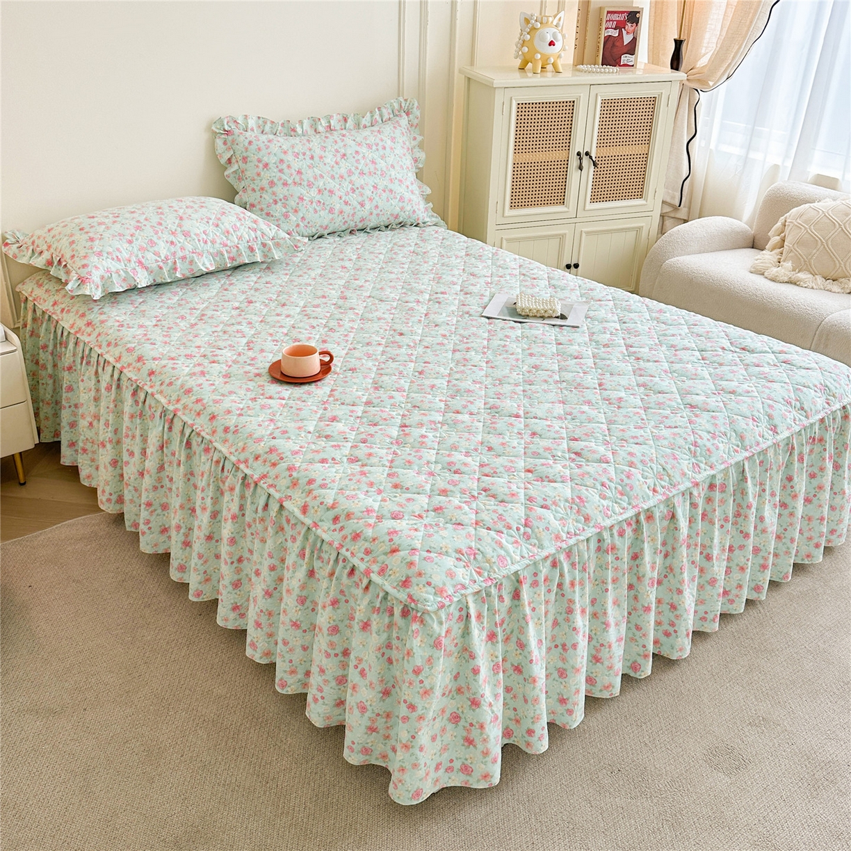 91家纺网 家纺一手货源 找家纺 十个点家纺 2025新款加厚磨毛木棉床裙三件套-绫罗系列 海棠花