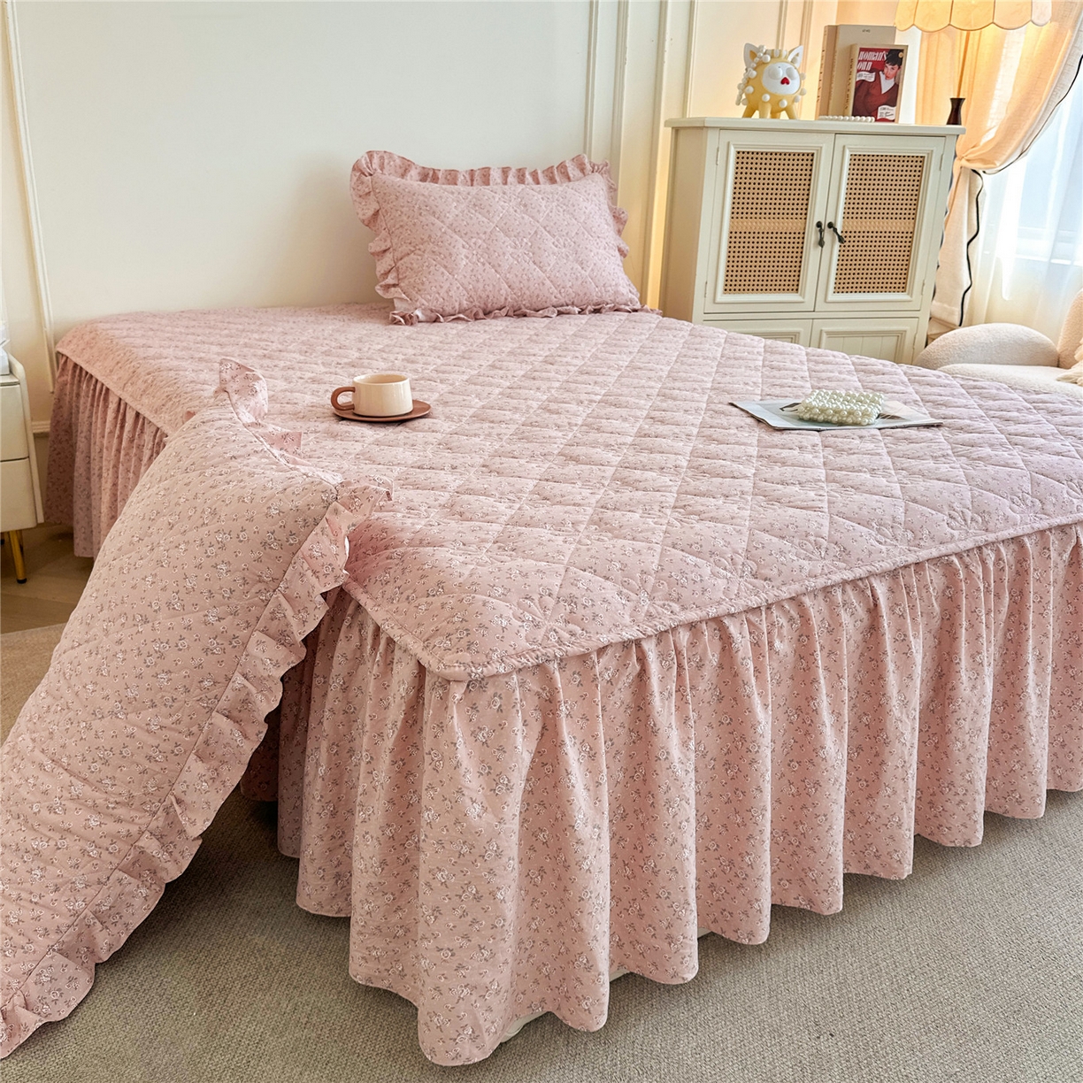 91家纺网 家纺一手货源 找家纺 （总）十个点家纺 2025新款加厚磨毛木棉床裙三件套-绫罗系列