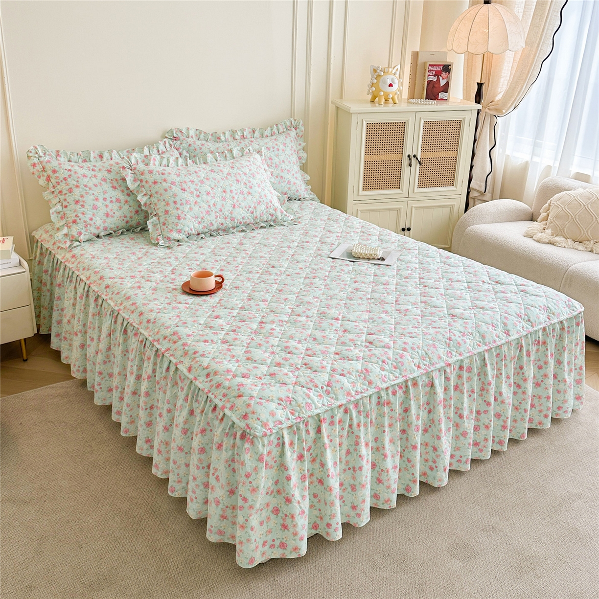 91家纺网 家纺一手货源 找家纺 十个点家纺 2025新款加厚磨毛木棉床裙三件套-绫罗系列 海棠花