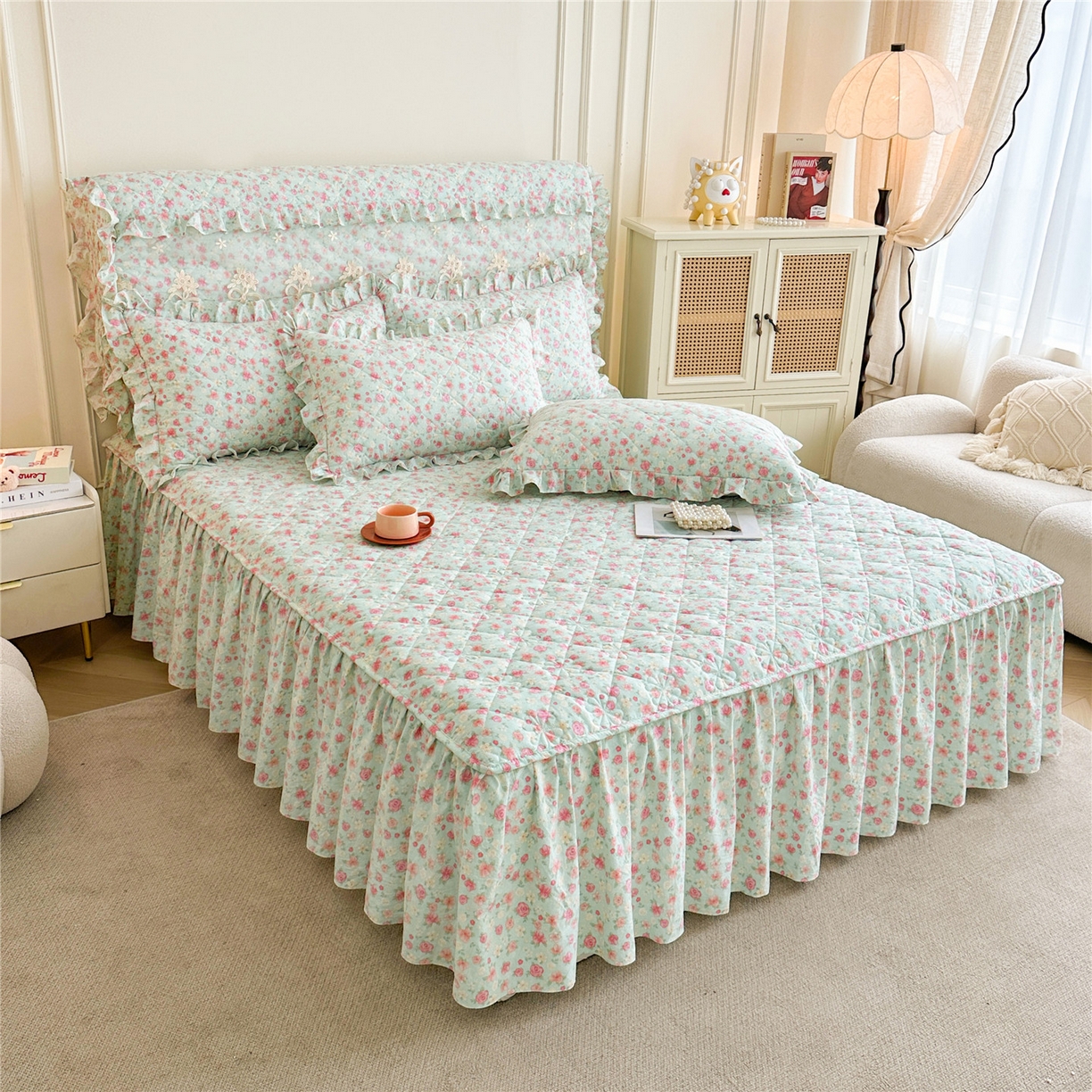 91家纺网 家纺一手货源 找家纺 十个点家纺 2025新款加厚磨毛木棉床裙三件套-绫罗系列 海棠花