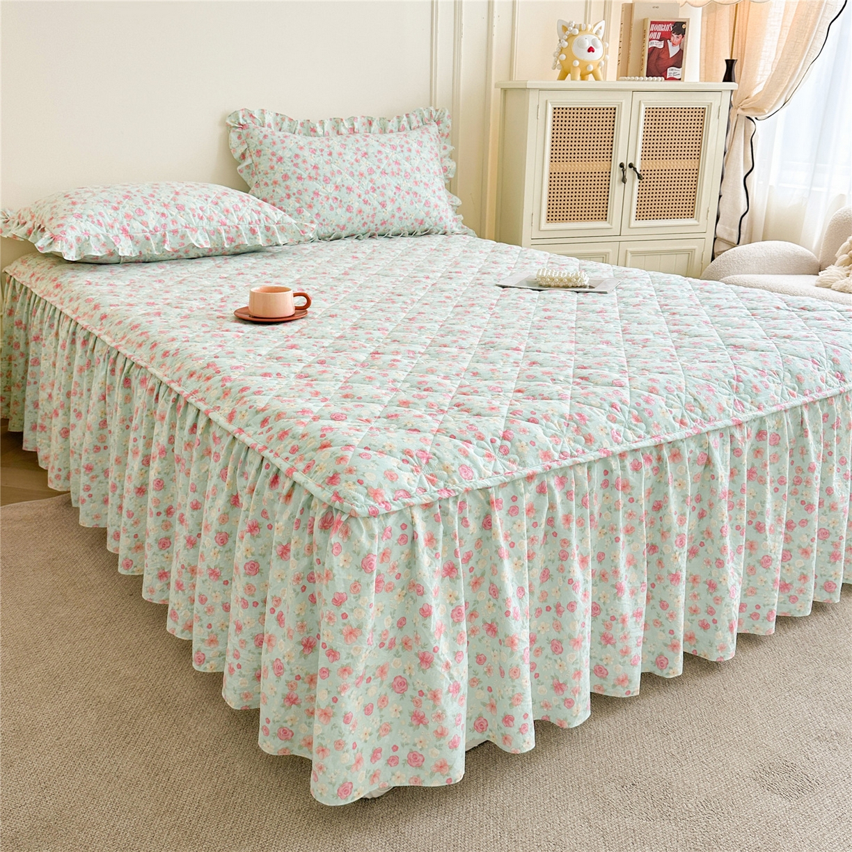 91家纺网 家纺一手货源 找家纺 十个点家纺 2025新款加厚磨毛木棉床裙三件套-绫罗系列 海棠花