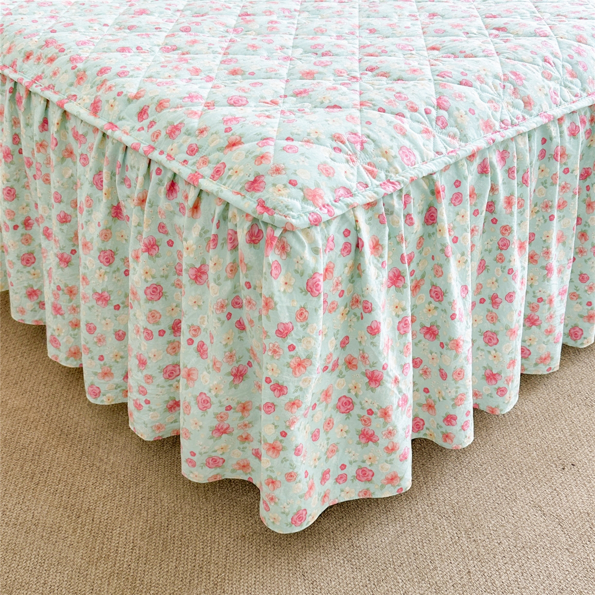 91家纺网 家纺一手货源 找家纺 十个点家纺 2025新款加厚磨毛木棉床裙三件套-绫罗系列 海棠花