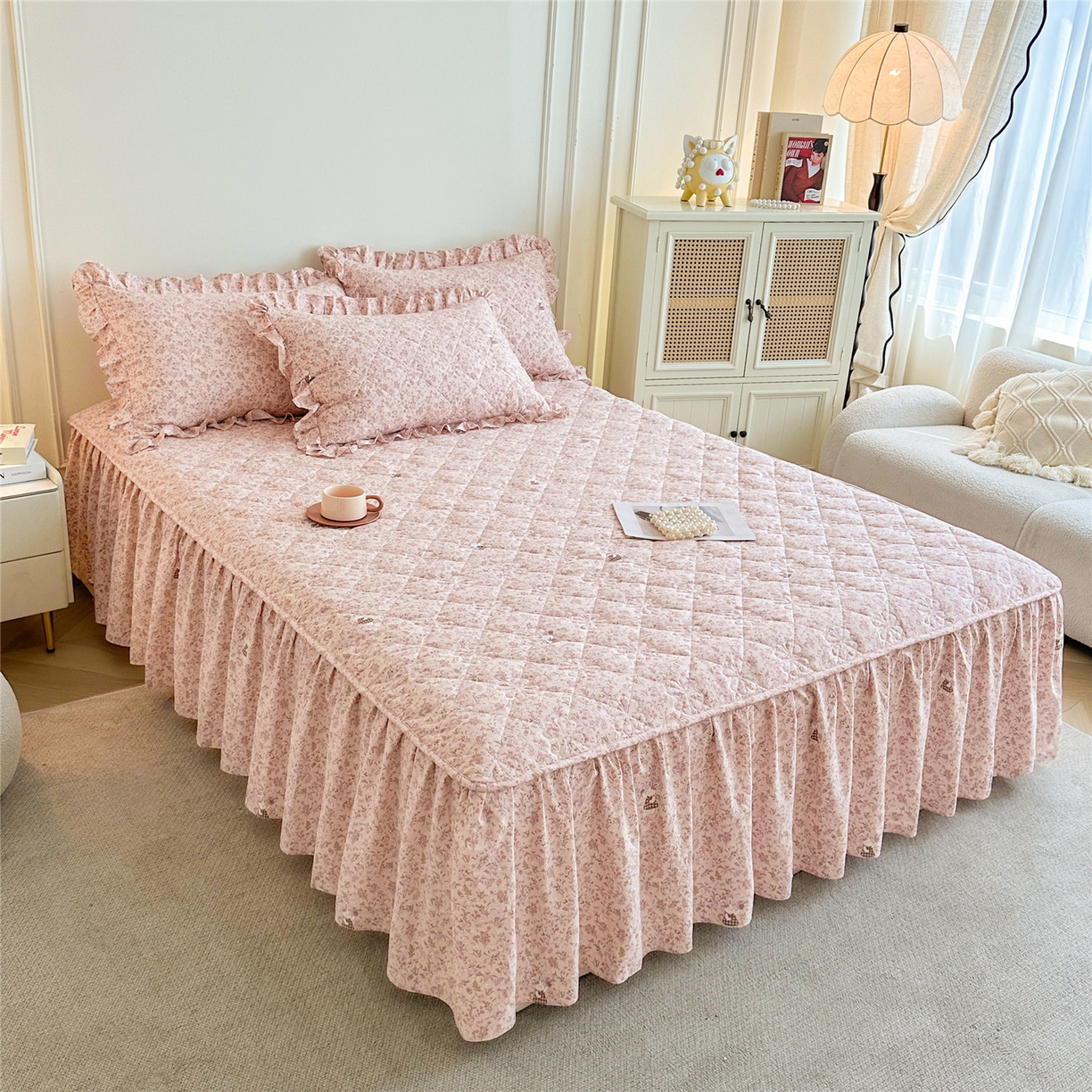 91家纺网 家纺一手货源 找家纺 十个点家纺 2025新款加厚磨毛木棉床裙三件套-绫罗系列 蝴蝶兔