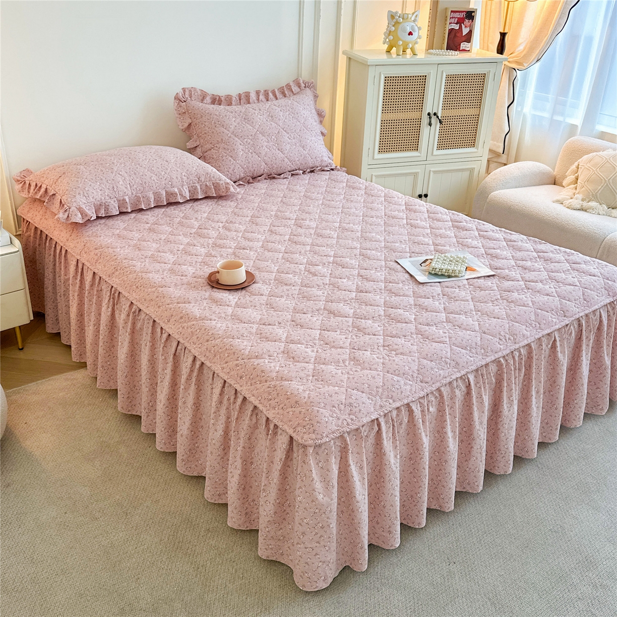 91家纺网 家纺一手货源 找家纺 （总）十个点家纺 2025新款加厚磨毛木棉床裙三件套-绫罗系列