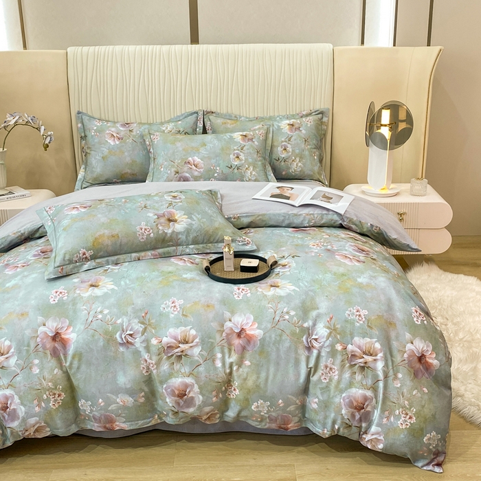 91家纺网 家纺一手货源 找家纺 红日子纺织品 2025新款A类全棉磨毛数码印花四件套 淡雅如梦