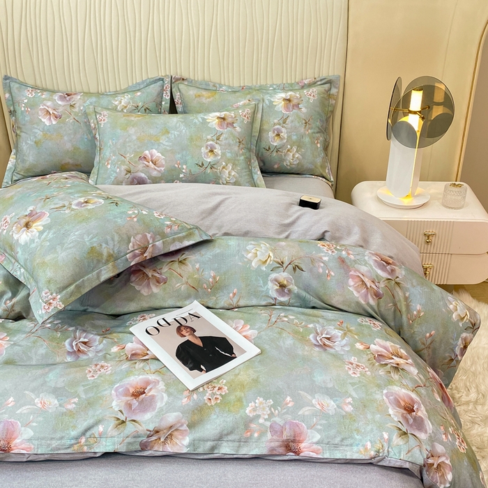 91家纺网 家纺一手货源 找家纺 红日子纺织品 2025新款A类全棉磨毛数码印花四件套 淡雅如梦