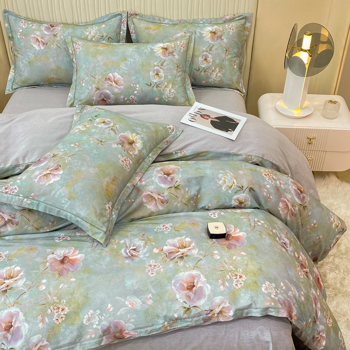 91家纺网 家纺一手货源 找家纺 红日子纺织品 2025新款A类全棉磨毛数码印花四件套 淡雅如梦