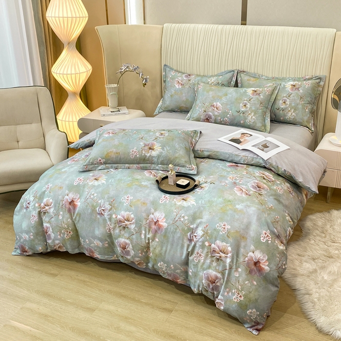 91家纺网 家纺一手货源 找家纺 红日子纺织品 2025新款A类全棉磨毛数码印花四件套 淡雅如梦