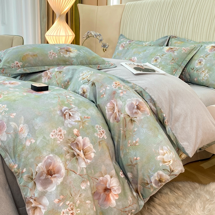 91家纺网 家纺一手货源 找家纺 红日子纺织品 2025新款A类全棉磨毛数码印花四件套 淡雅如梦