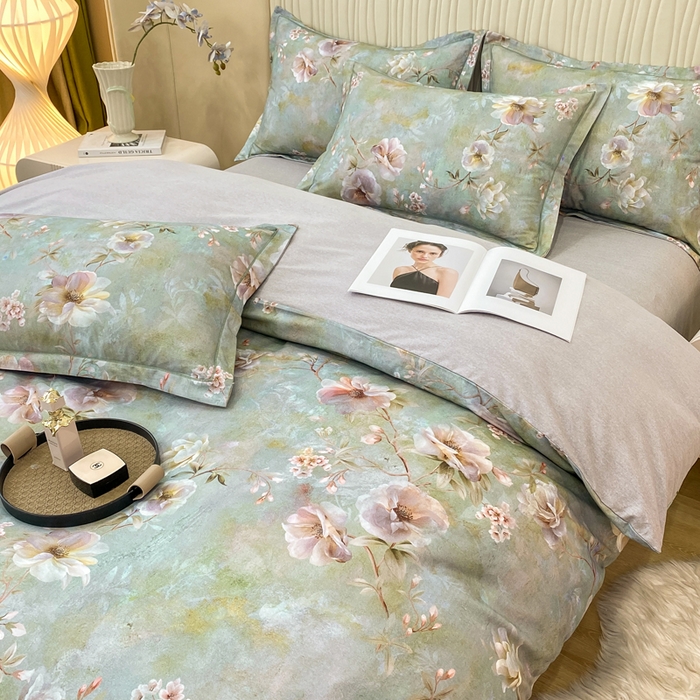 91家纺网 家纺一手货源 找家纺 红日子纺织品 2025新款A类全棉磨毛数码印花四件套 淡雅如梦