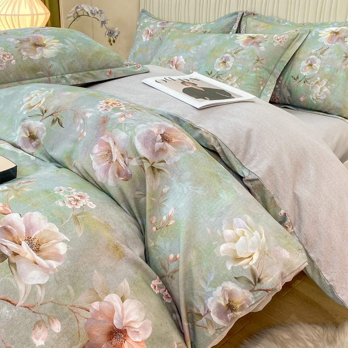 91家纺网 家纺一手货源 找家纺 红日子纺织品 2025新款A类全棉磨毛数码印花四件套 淡雅如梦