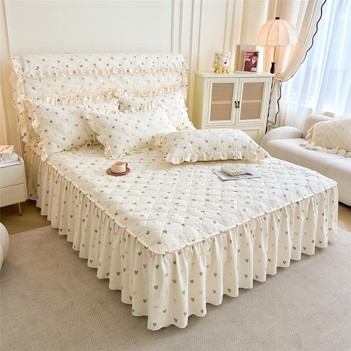 91家纺网 家纺一手货源 找家纺 十个点家纺 2025新款加厚磨毛木棉床裙三件套-绫罗系列 心愿-米