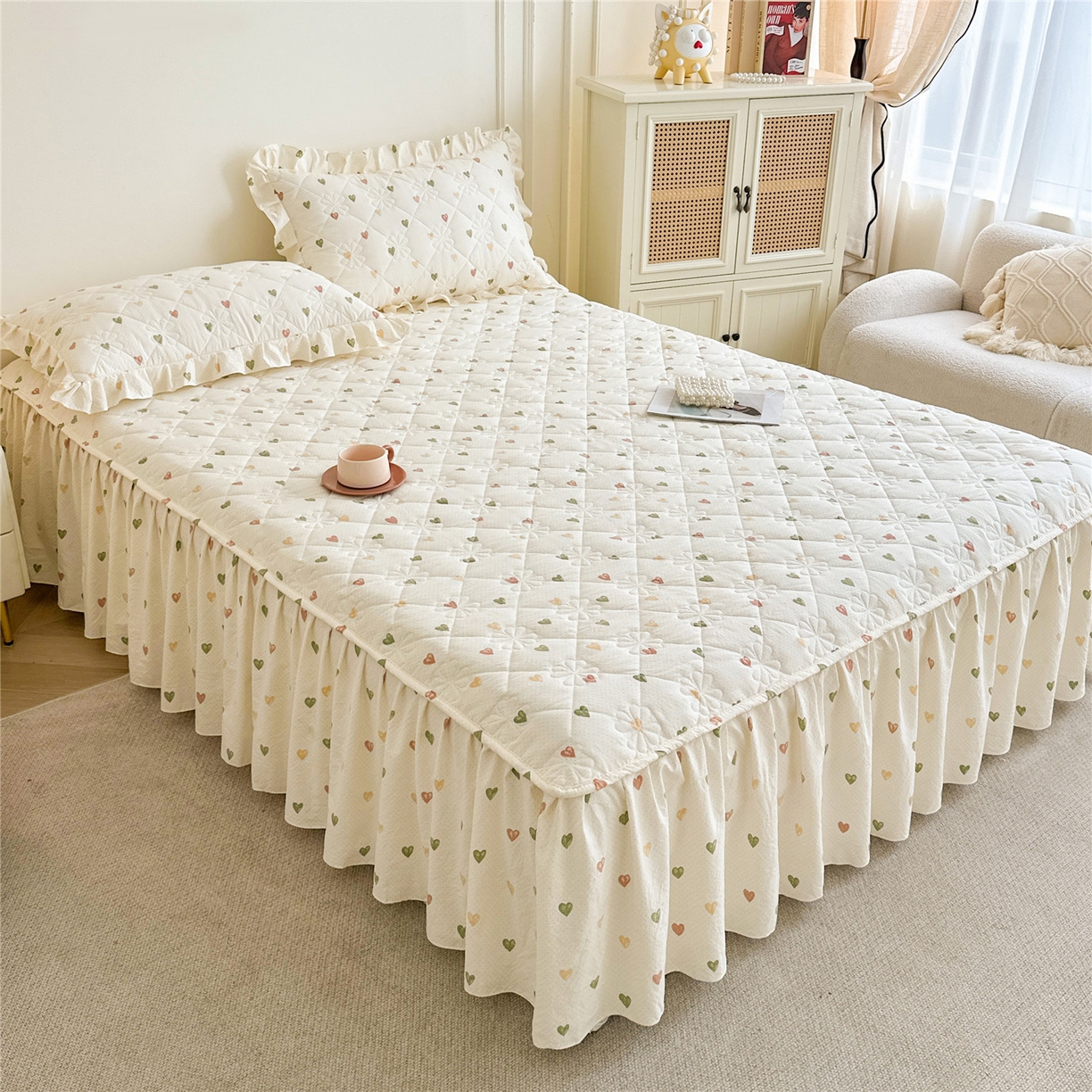 91家纺网 家纺一手货源 找家纺 十个点家纺 2025新款加厚磨毛木棉床裙三件套-绫罗系列 心愿-米