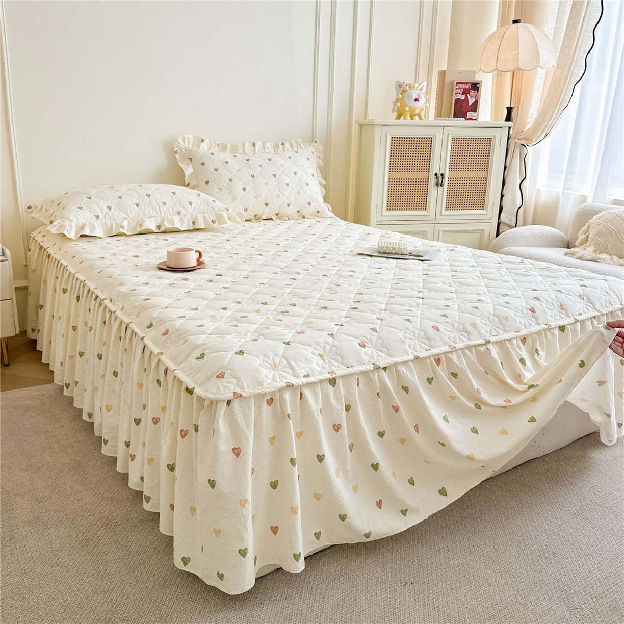 91家纺网 家纺一手货源 找家纺 十个点家纺 2025新款加厚磨毛木棉床裙三件套-绫罗系列 心愿-米