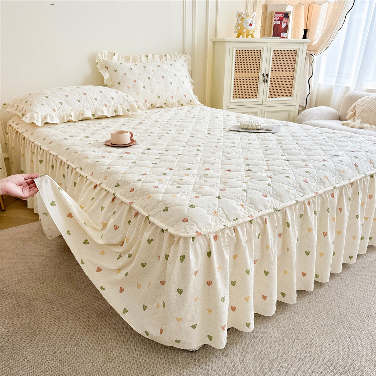 91家纺网 家纺一手货源 找家纺 十个点家纺 2025新款加厚磨毛木棉床裙三件套-绫罗系列 心愿-米