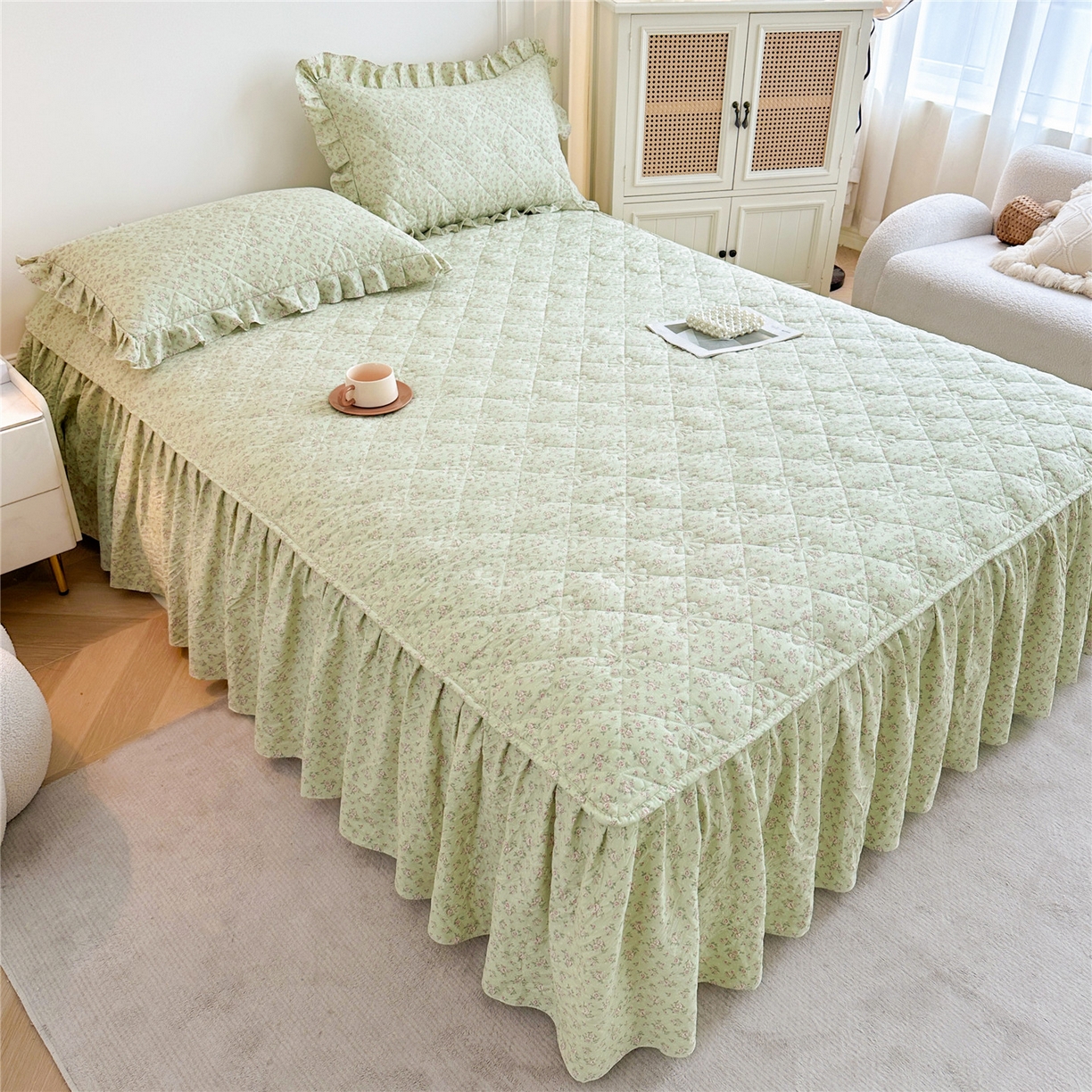 91家纺网 家纺一手货源 找家纺 十个点家纺 2025新款加厚磨毛木棉床裙三件套-绫罗系列 格桑花