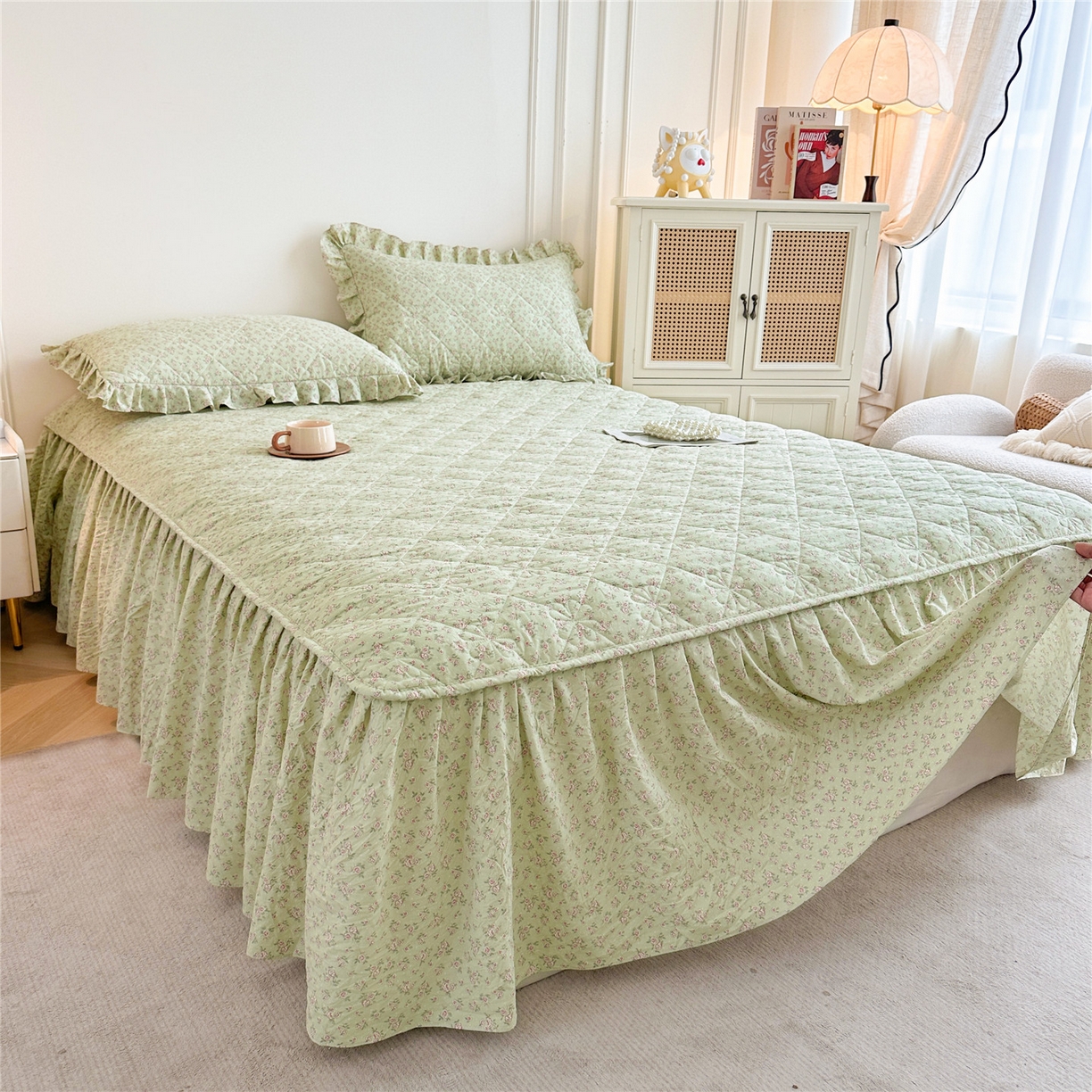 91家纺网 家纺一手货源 找家纺 十个点家纺 2025新款加厚磨毛木棉床裙三件套-绫罗系列 格桑花