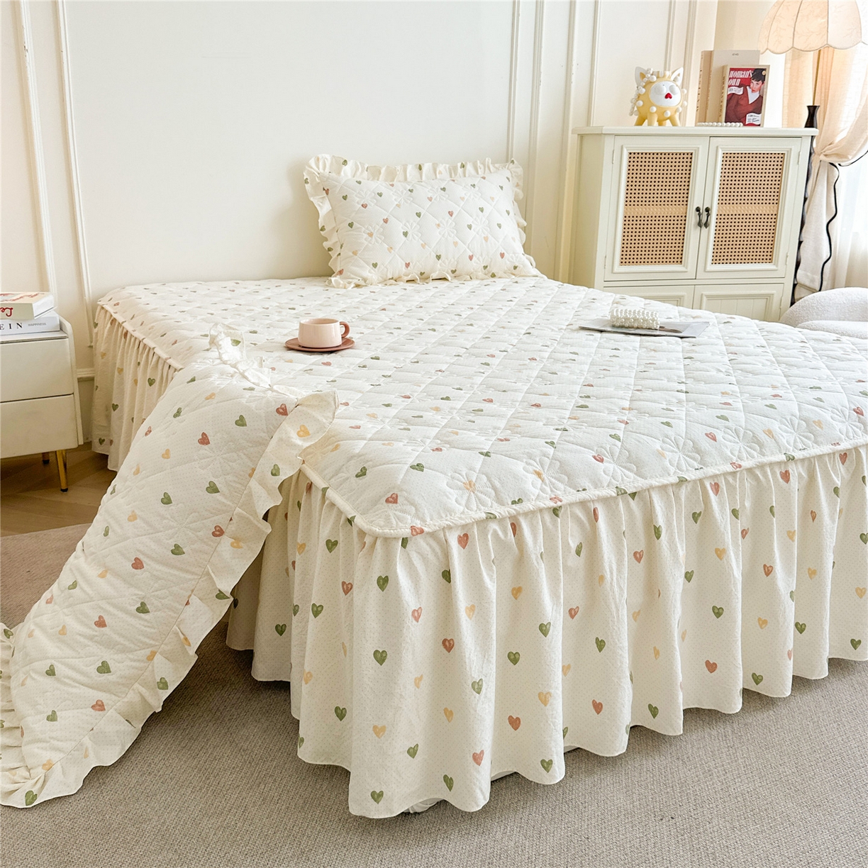 91家纺网 家纺一手货源 找家纺 十个点家纺 2025新款加厚磨毛木棉床裙三件套-绫罗系列 心愿-米