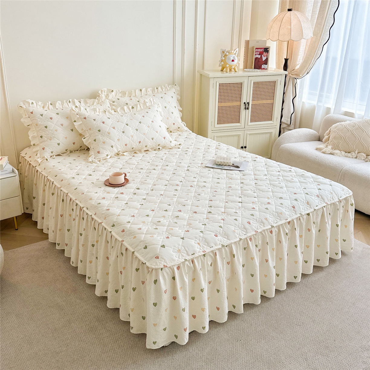 91家纺网 家纺一手货源 找家纺 十个点家纺 2025新款加厚磨毛木棉床裙三件套-绫罗系列 心愿-米