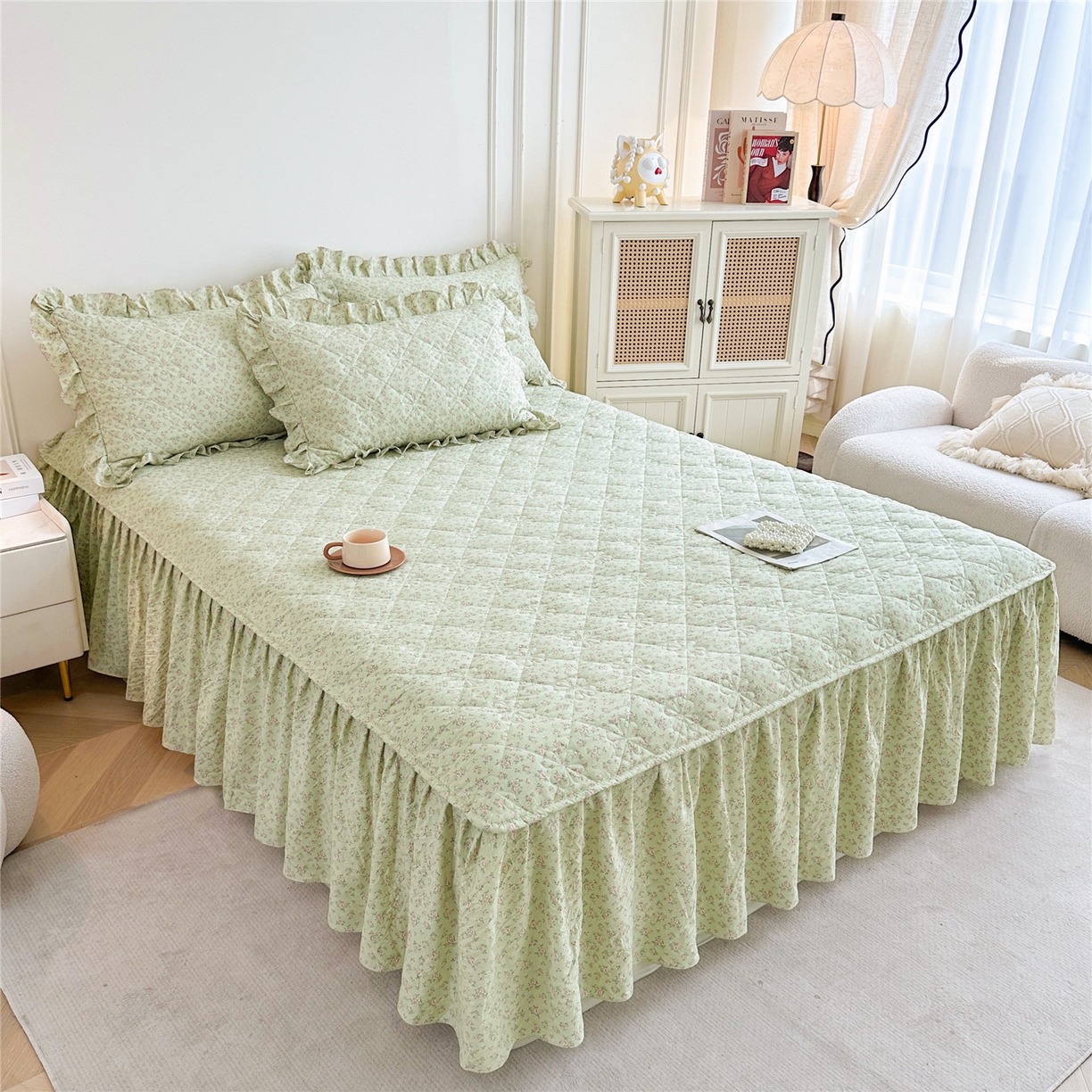 91家纺网 家纺一手货源 找家纺 十个点家纺 2025新款加厚磨毛木棉床裙三件套-绫罗系列 格桑花